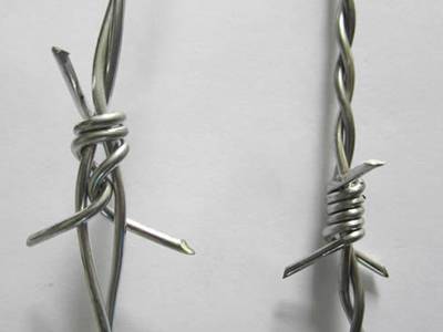 A galvanized traditional twist barbed wire with 3 spikes and a double twist barbed wire with 3 spikes.