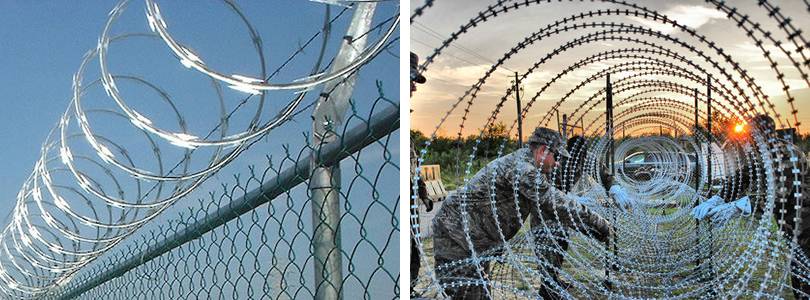 concertina coils and razor barbed wire installed on chain link fence for fencing system, and concertina wire fence used in military sites with high security