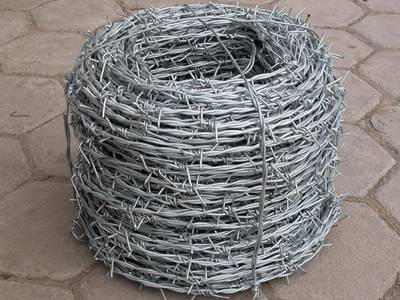 A roll of electric galvanized barbed wire on the ground.