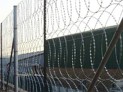 Four lines of flat razor wires are fastened to the steel posts to form a security wall.