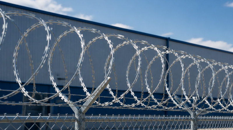 Expanded concertina razor wire coil installed on a security fence
