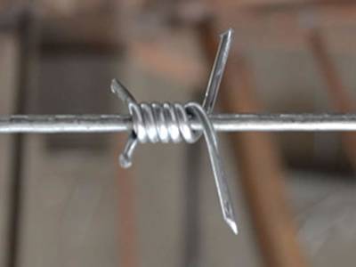 A single strand galvanized barbed wire on the gray background.